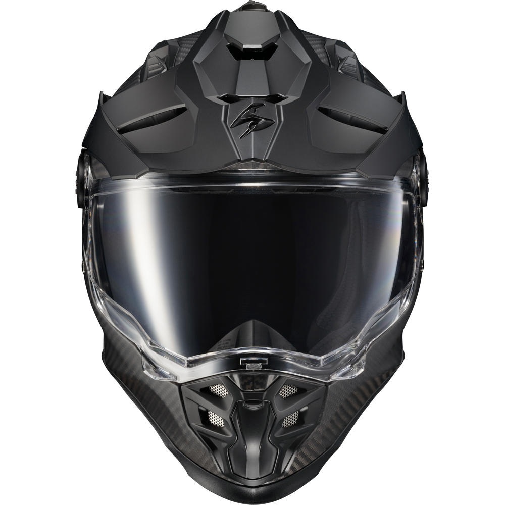 A matte black full-face motorcycle helmet with a clear visor, shown from a front-facing perspective on a solid white background.