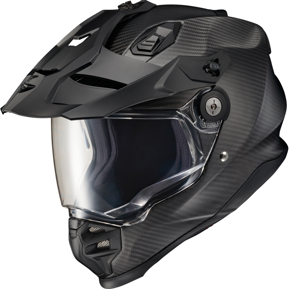 Black motorcycle helmet with clear visor on a white background