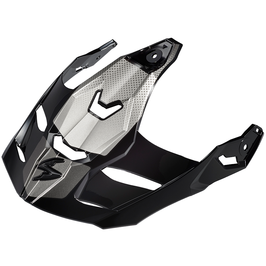 A glossy black and silver motorcycle helmet shell or fairing piece, shown at an angle on a plain white background.