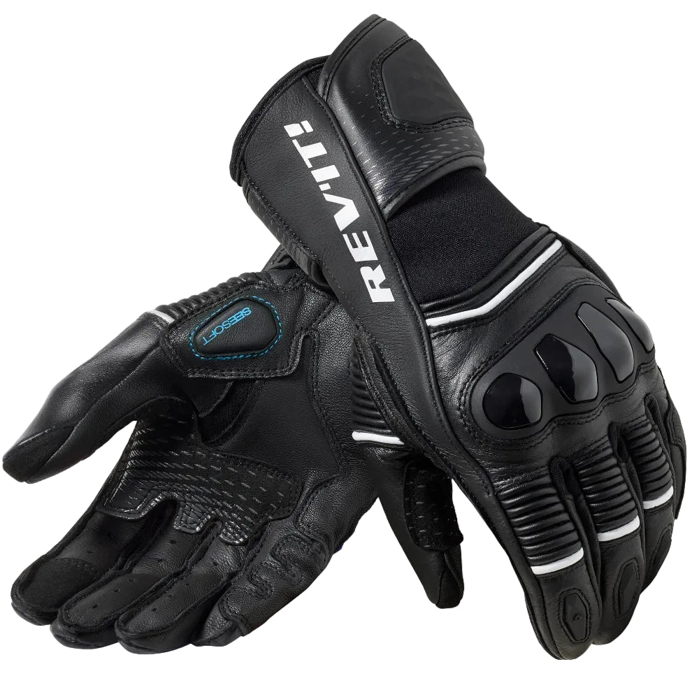 Black motorcycle gloves with REV'IT! branding on a white background