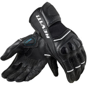 Black motorcycle gloves with REV'IT! branding on a white background
