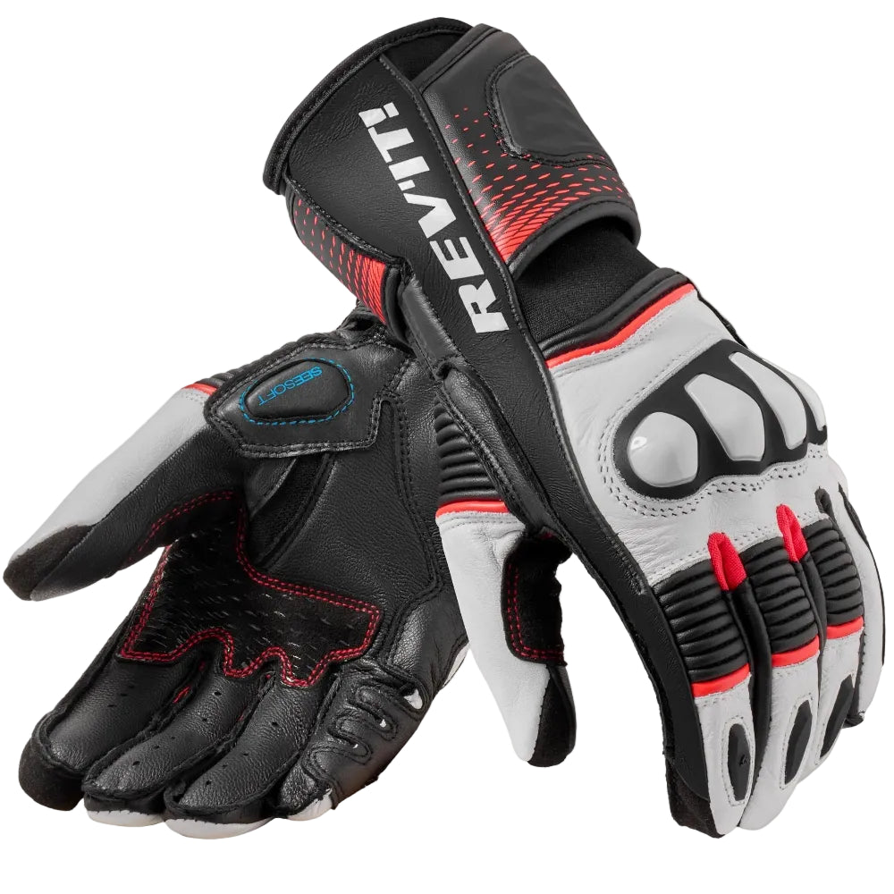 Pair of black, gray, and red gloves with 'REV'IT' branding on a white background