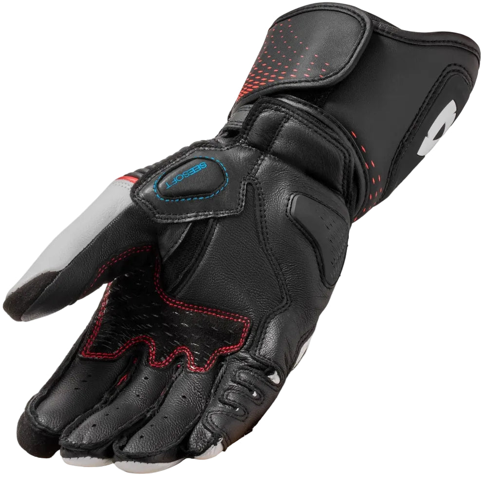 Black motorcycle glove with red accents on a white background
