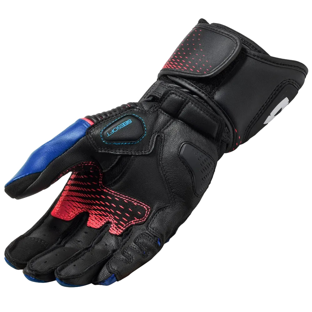 Black motorcycle glove with red and blue accents on a white background