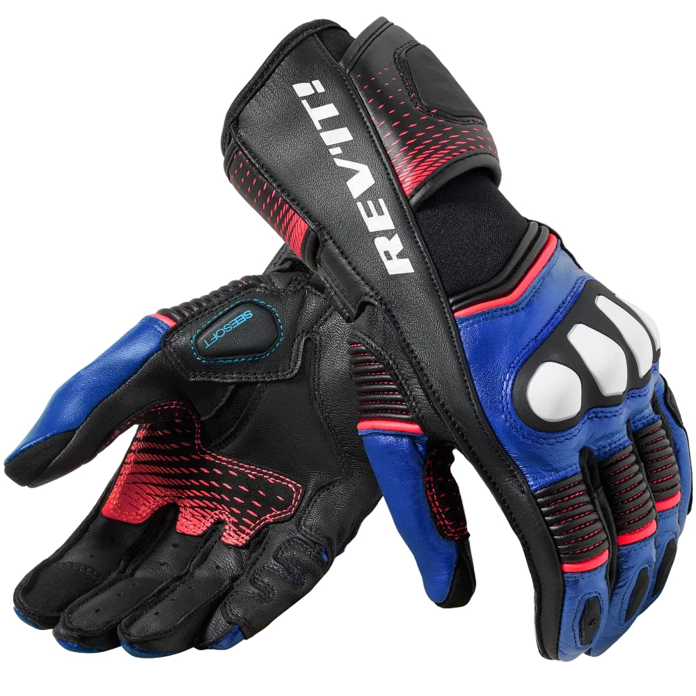 Pair of black, blue, and red gloves with 'REV'IT!' branding on a white background