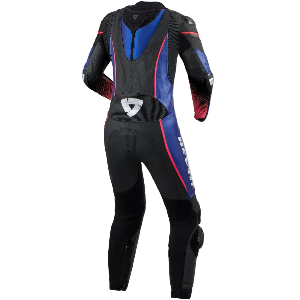 Black motorcycle racing suit with blue and red accents on a white background
