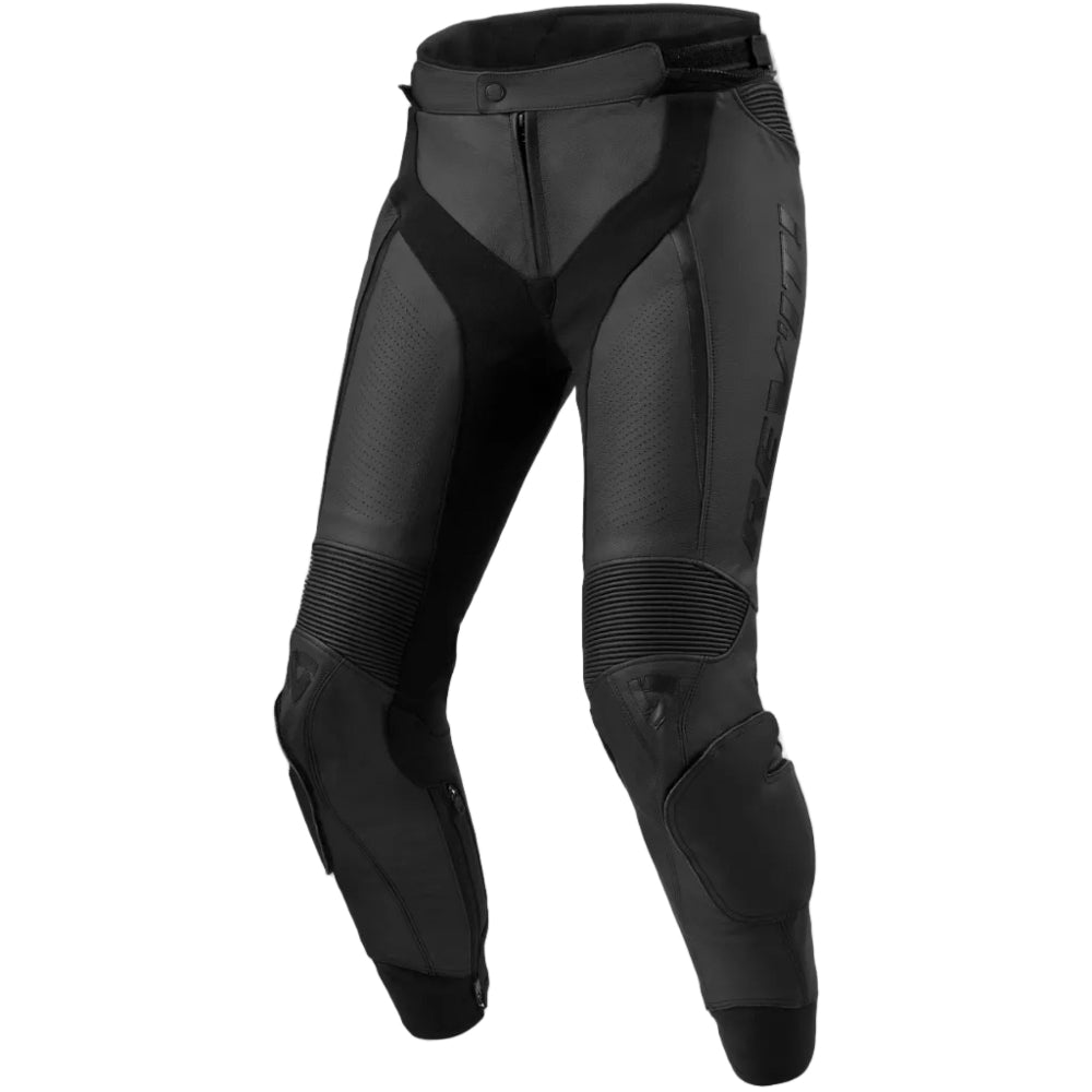 REV'IT! Xena 4 Ladies black leather motorcycle pants front three-quarter view