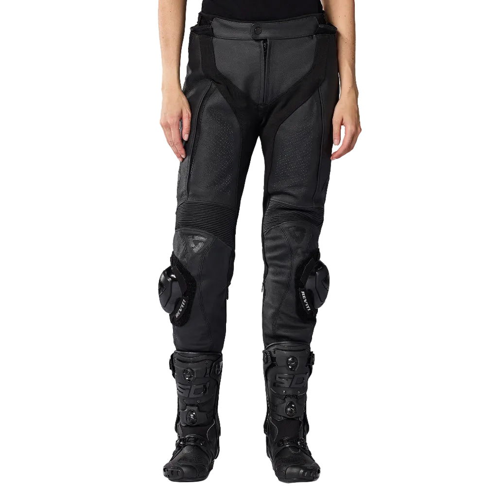 REV'IT! Xena 4 Ladies black leather motorcycle pants worn by female rider front view