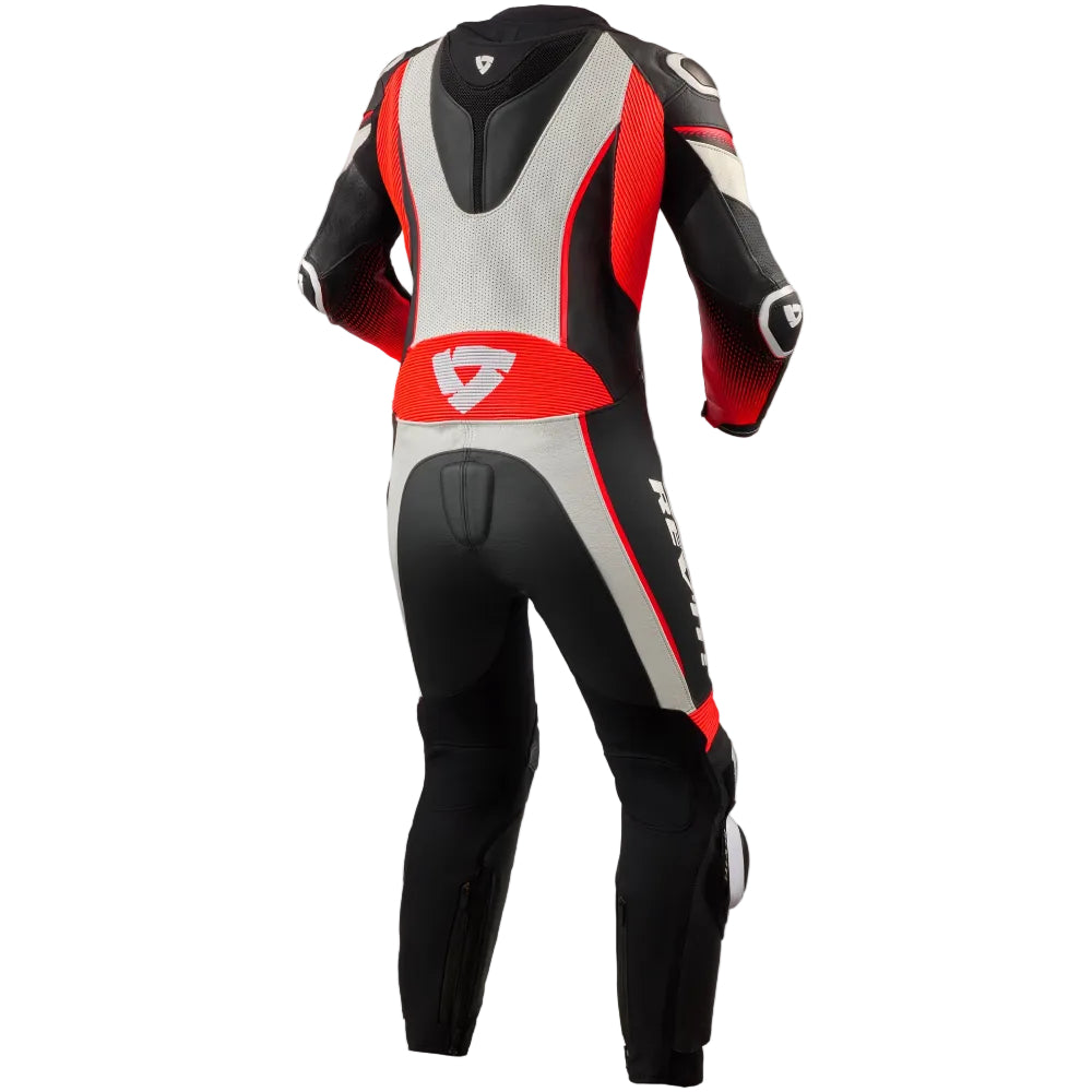 Motorcycle racing suit with black, gray, and red design on a white background