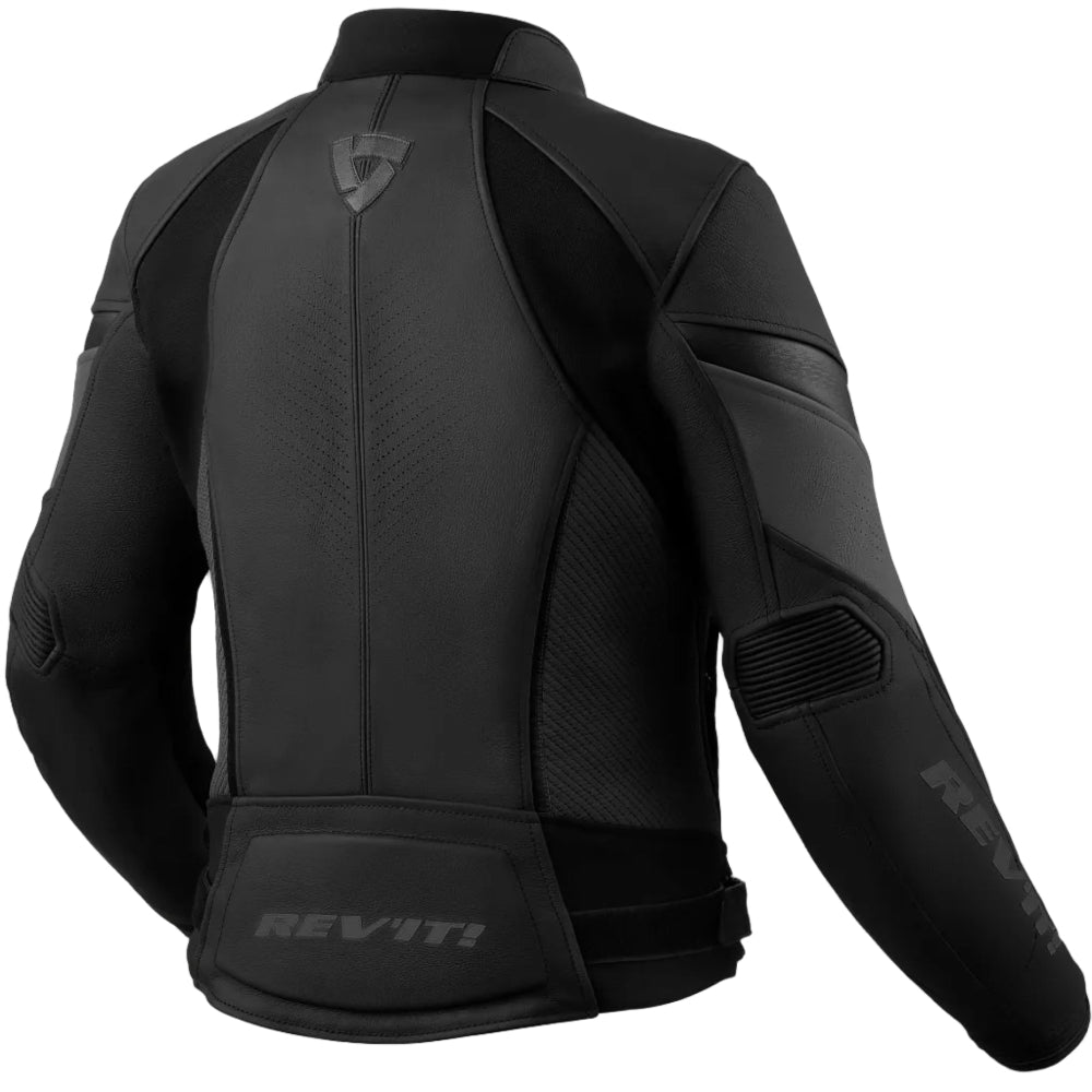 Black motorcycle jacket with REV'IT logo on a white background