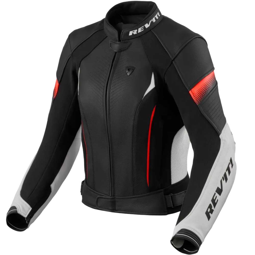Black and gray motorcycle jacket with red accents on a white background