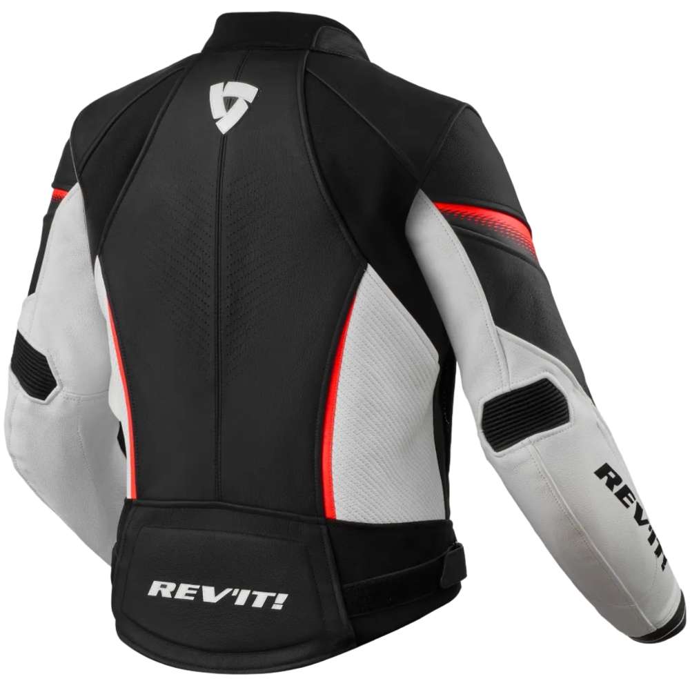 Black and gray motorcycle jacket with red accents on a white background, featuring the Rev'it! brand.