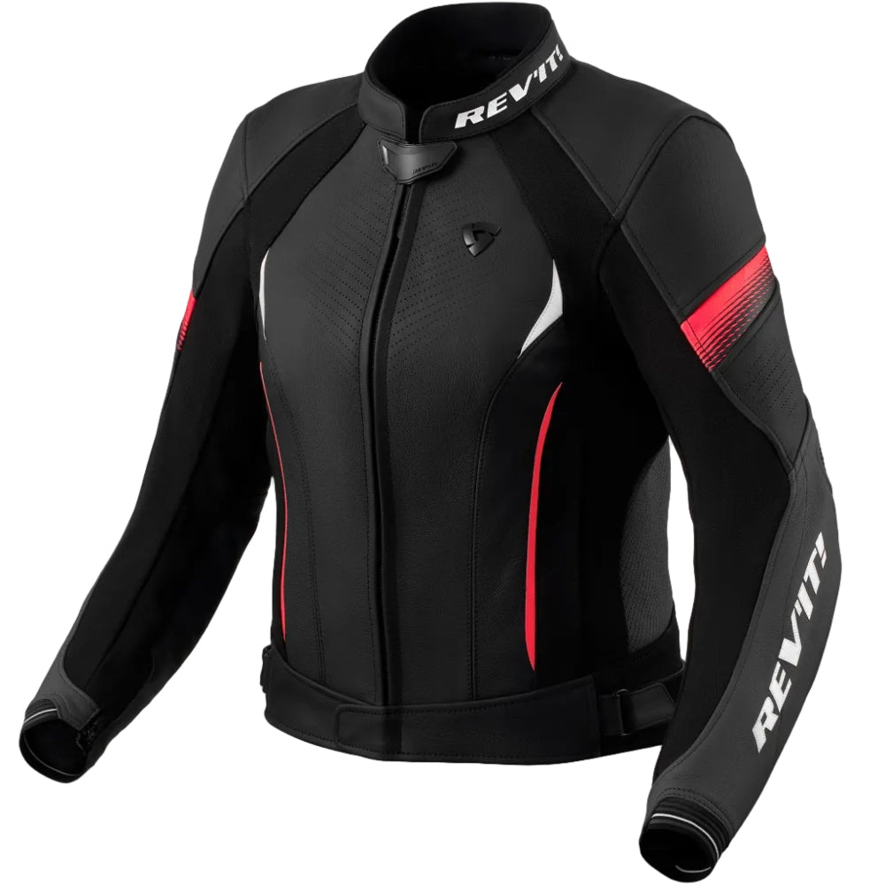 Black motorcycle jacket with red accents and Rev'it branding on a light gray background