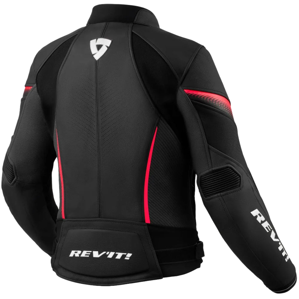 Black motorcycle jacket with red accents and 'REV'IT!' branding on a white background