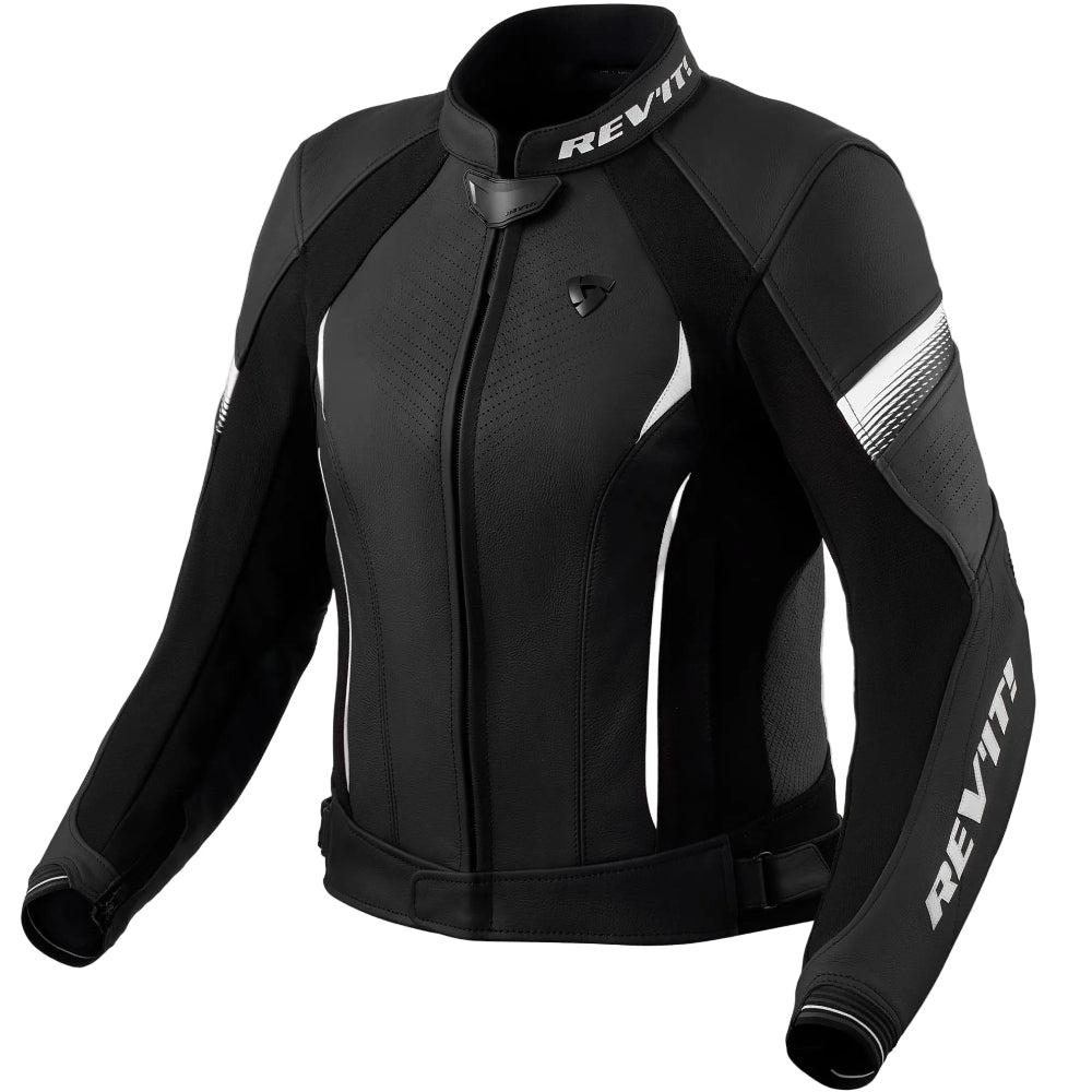 Black motorcycle jacket with white accents on a light gray background