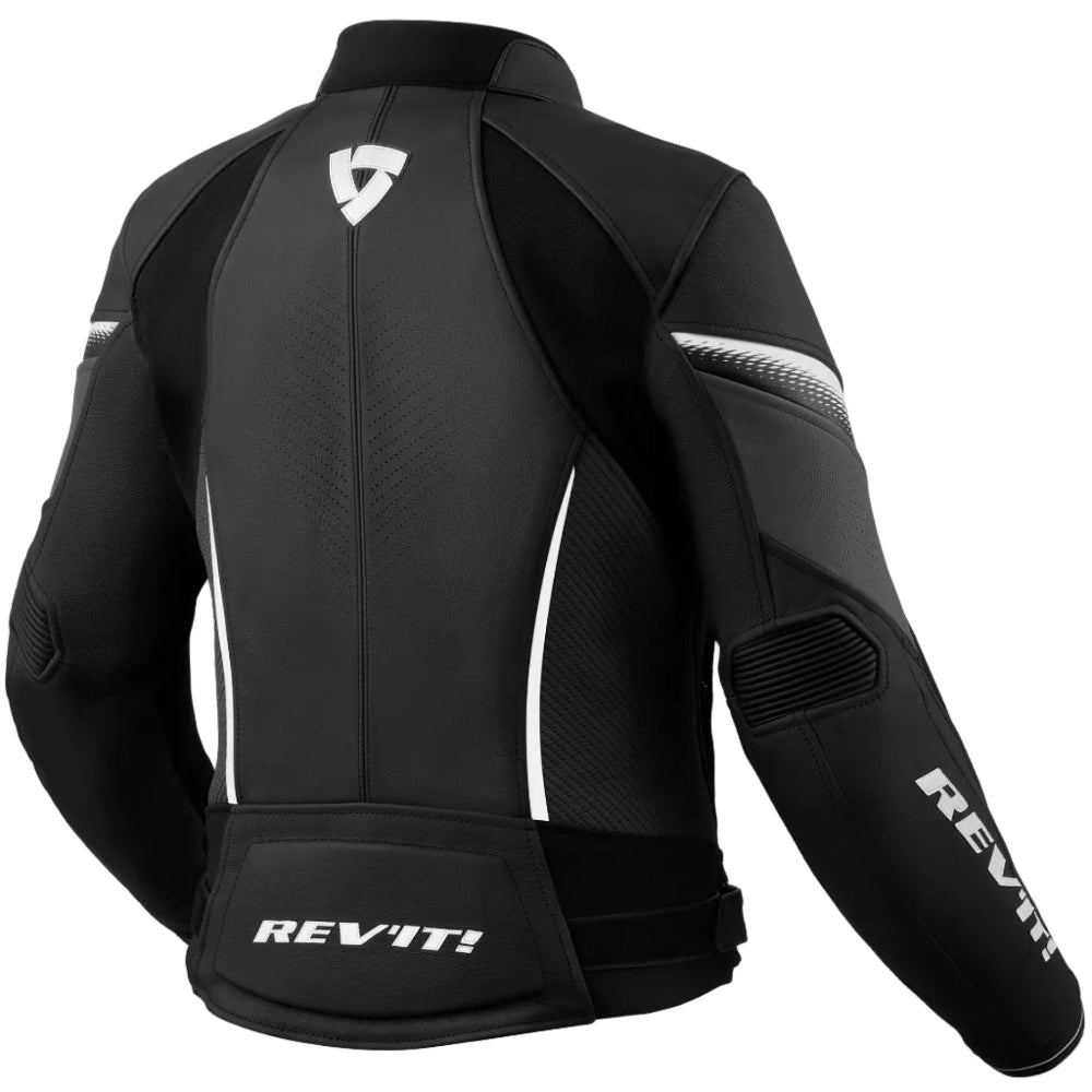 Black motorcycle jacket with REV'IT! branding on a white background