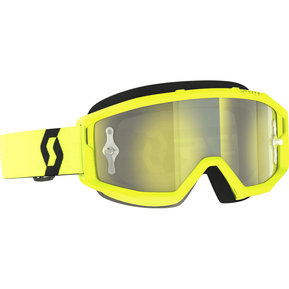 Scott goggles with a bright neon yellow frame, black trim, and a reflective yellow-tinted lens, shown on a plain white background.