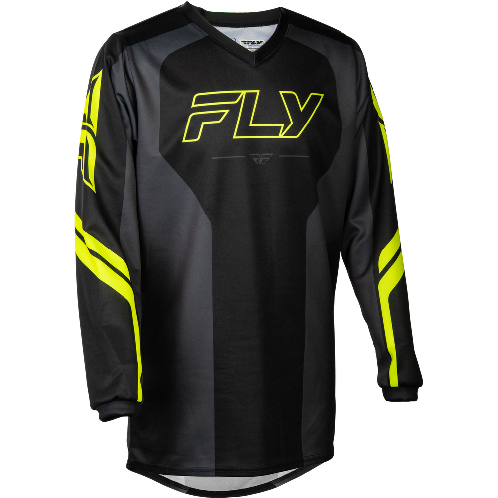 A black long-sleeve motocross jersey with bright yellow accents, featuring a large 'FLY' logo on the chest and sleeve graphics, shown against a plain white background.