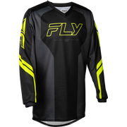 A black long-sleeve motocross jersey with bright yellow accents, featuring a large 'FLY' logo on the chest and sleeve graphics, shown against a plain white background.