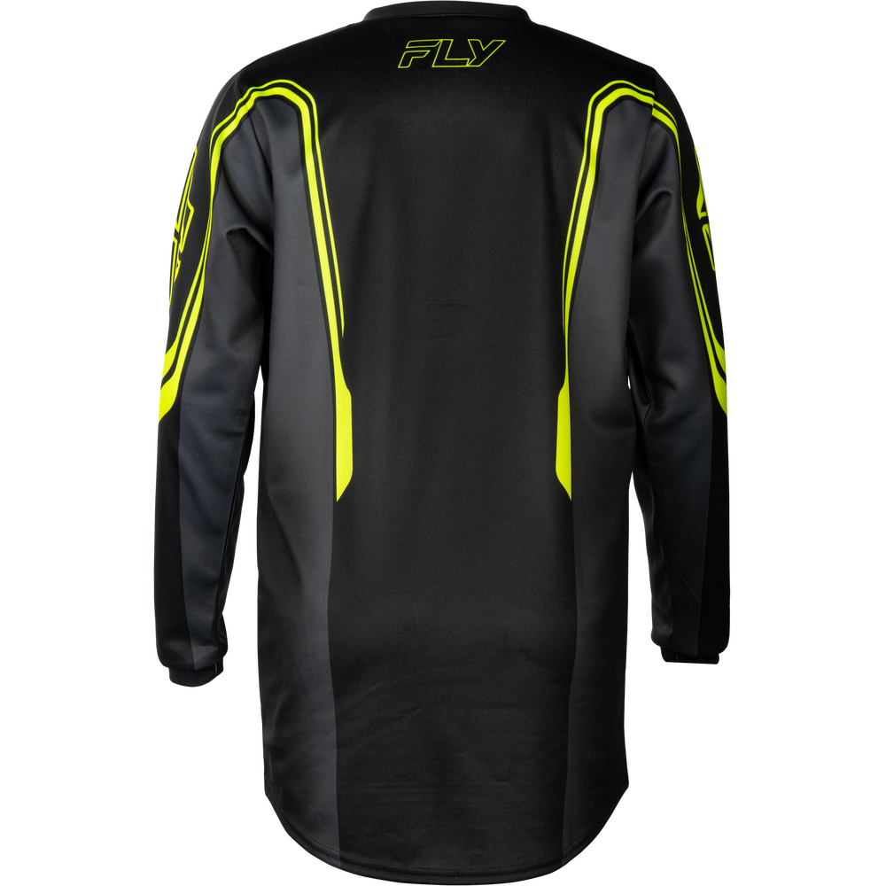 Black long-sleeve motocross jersey with neon yellow-green accents and a yellow 'FLY' logo on the back collar, shown against a plain white background.