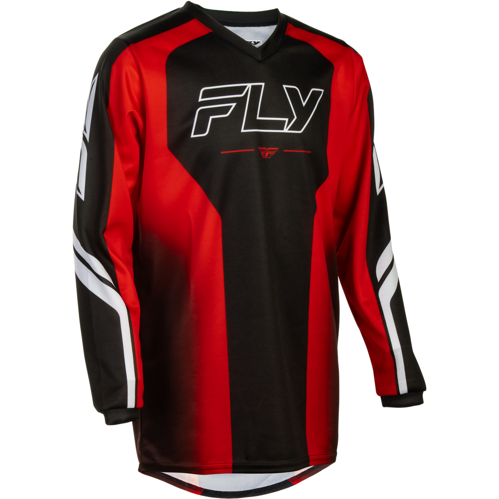 A long-sleeve motocross jersey with a red and black gradient design, featuring the brand name 'FLY' in white outlined lettering across the chest, set against a plain white background.