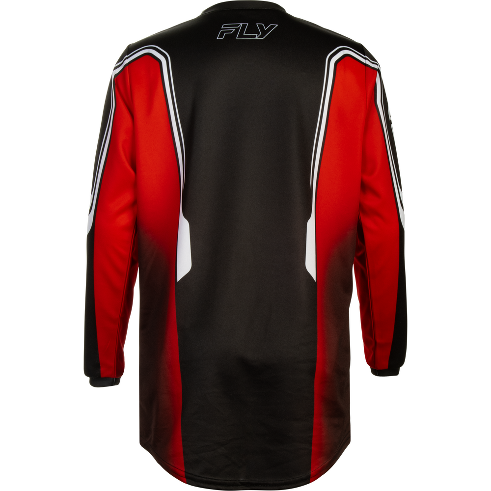 The back view of a long-sleeve athletic jersey in black and red with white accents, featuring the brand name 'FLY' printed in white on the upper back.