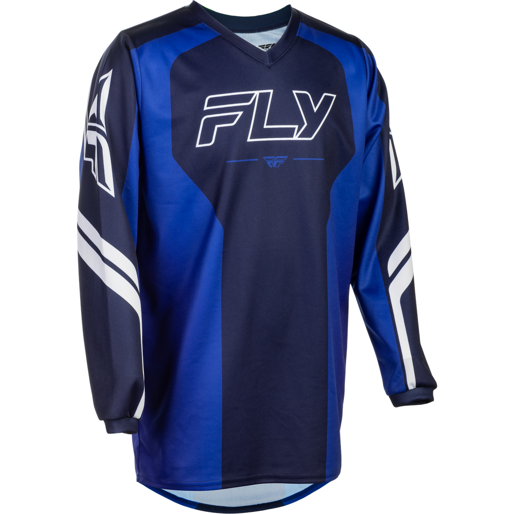 A long-sleeve motocross jersey in royal blue and navy, featuring the brand name 'FLY' in white outlined lettering across the chest, with white graphic accents on the sleeves.