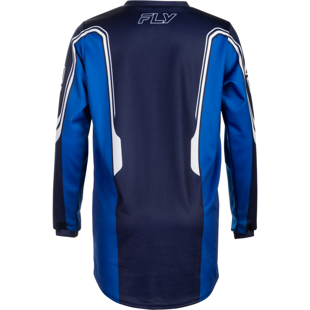 A long-sleeve athletic jersey shown from the back, featuring a dark navy blue body with bright blue side panels and white graphic stripes. The brand name 'FLY' is printed in white on the upper back.