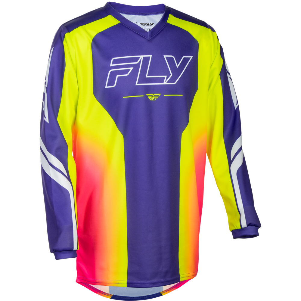 A long-sleeve motocross jersey by Fly, featuring a purple and neon yellow color-blocked design with a vibrant pink-to-yellow gradient on the lower front, and white logo and stripe details.