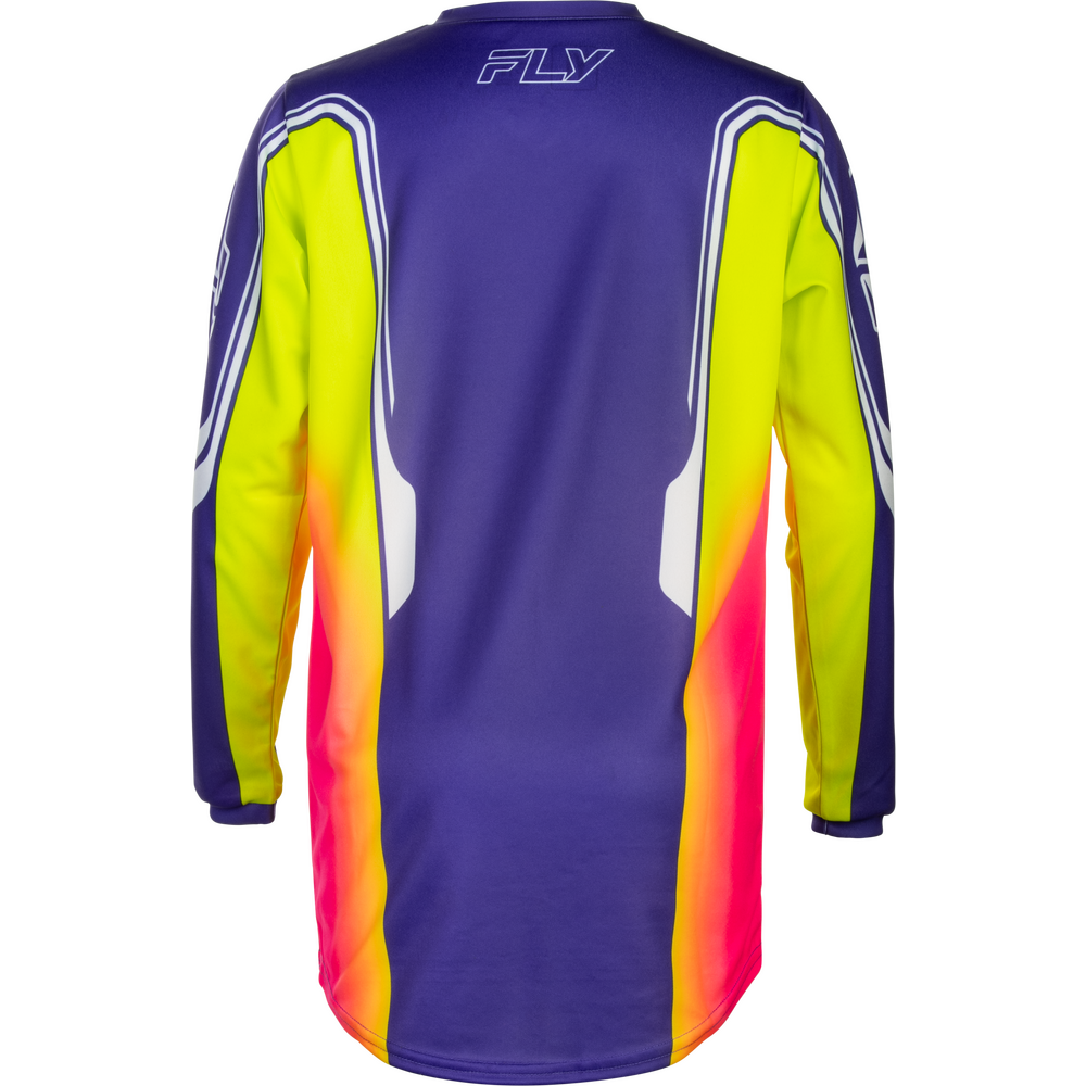 A long-sleeve motocross jersey shown from the back, featuring a purple body with neon yellow, orange, and pink gradient panels, and white graphic accents.