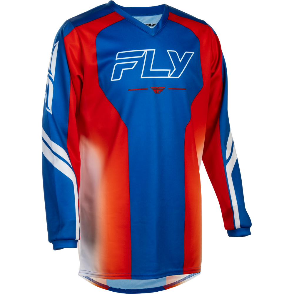 A long-sleeve motocross jersey with a blue and red color-blocked design, featuring a white gradient fade at the hem and white stripe accents on the sleeves. The chest features the 'FLY' brand logo in white with a red winged detail underneath.