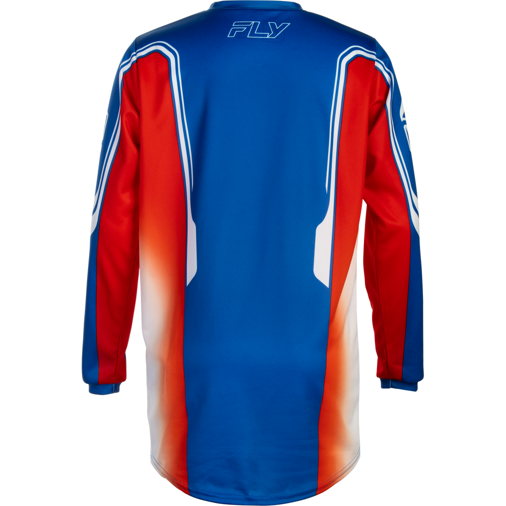 The back view of a long-sleeve motocross jersey in blue, red, and white, featuring the brand name 'FLY' printed in white on the upper back.