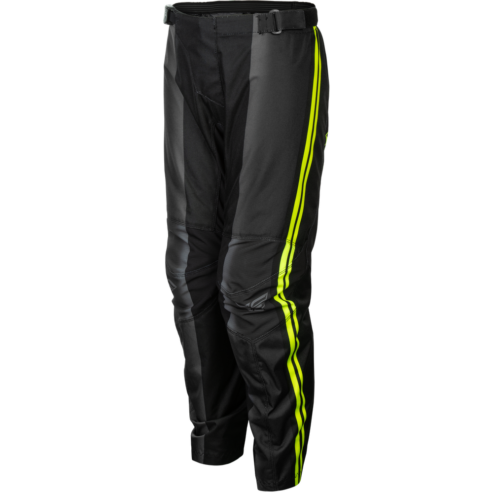 Black motorcycle pants with bright neon yellow-green reflective stripes running down the outer sides of both legs, shown on a plain white background.