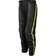 Black motorcycle pants with bright neon yellow-green reflective stripes running down the outer sides of both legs, shown on a plain white background.