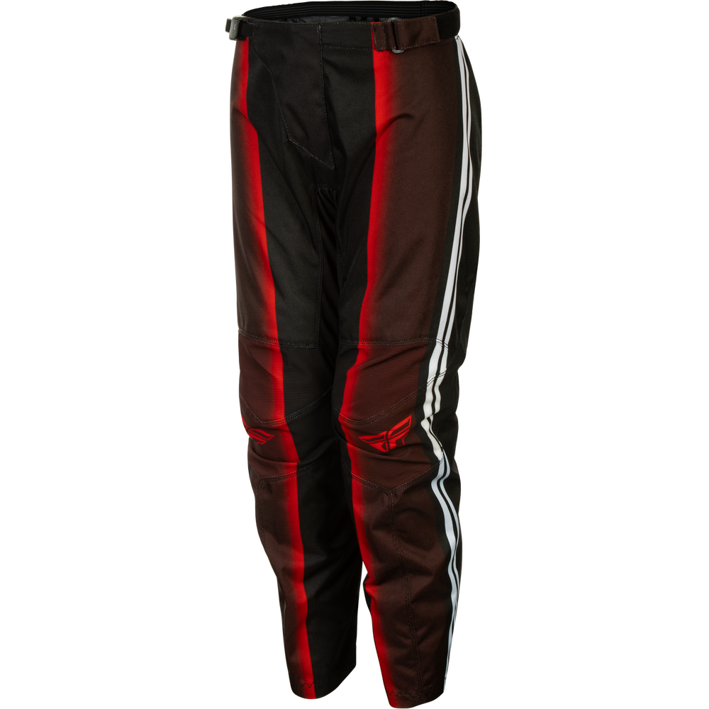 A pair of motocross or riding pants in black and dark brown with bright red side panels and white side stripes, shown on a plain white background.