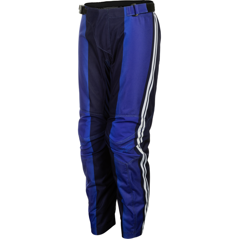 Blue and navy athletic pants with white side stripes, shown on a white background.