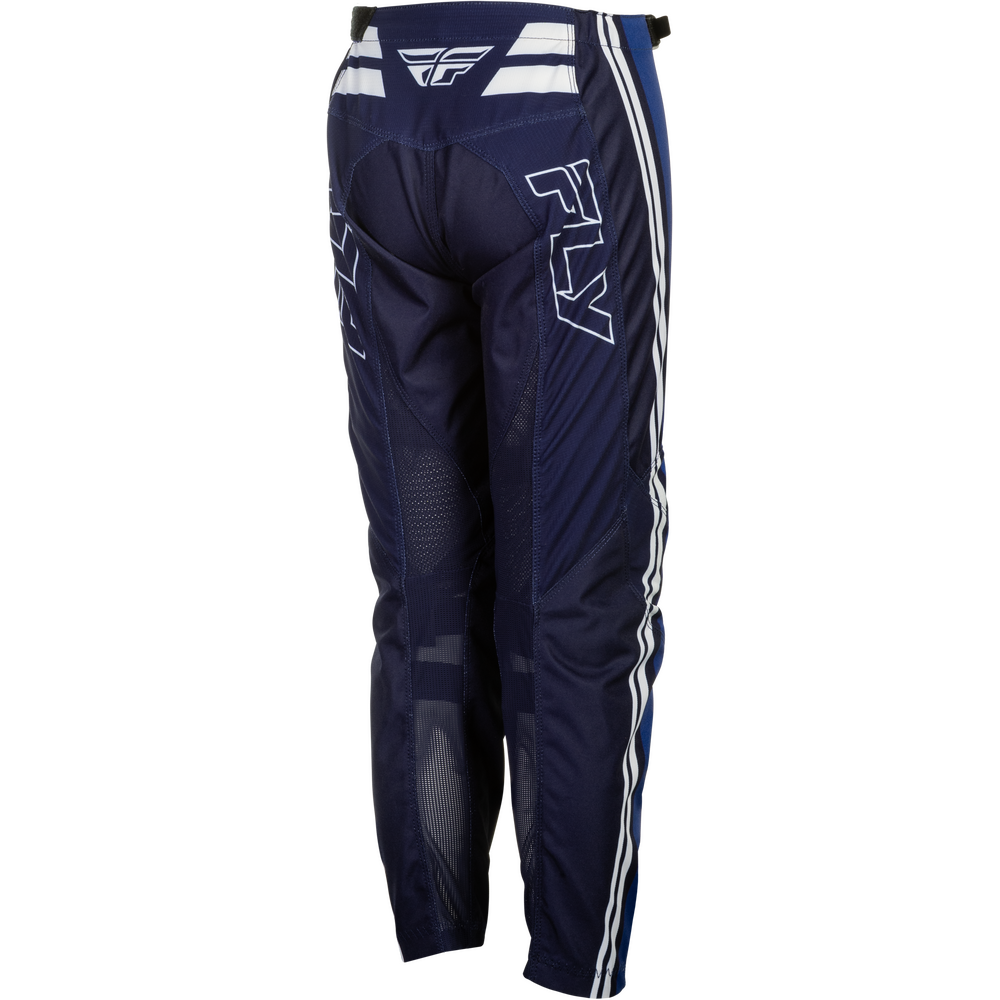 Navy blue motocross pants with white stripe details and white 'FLY' branding on the side, shown from a rear three-quarter angle against a white background.