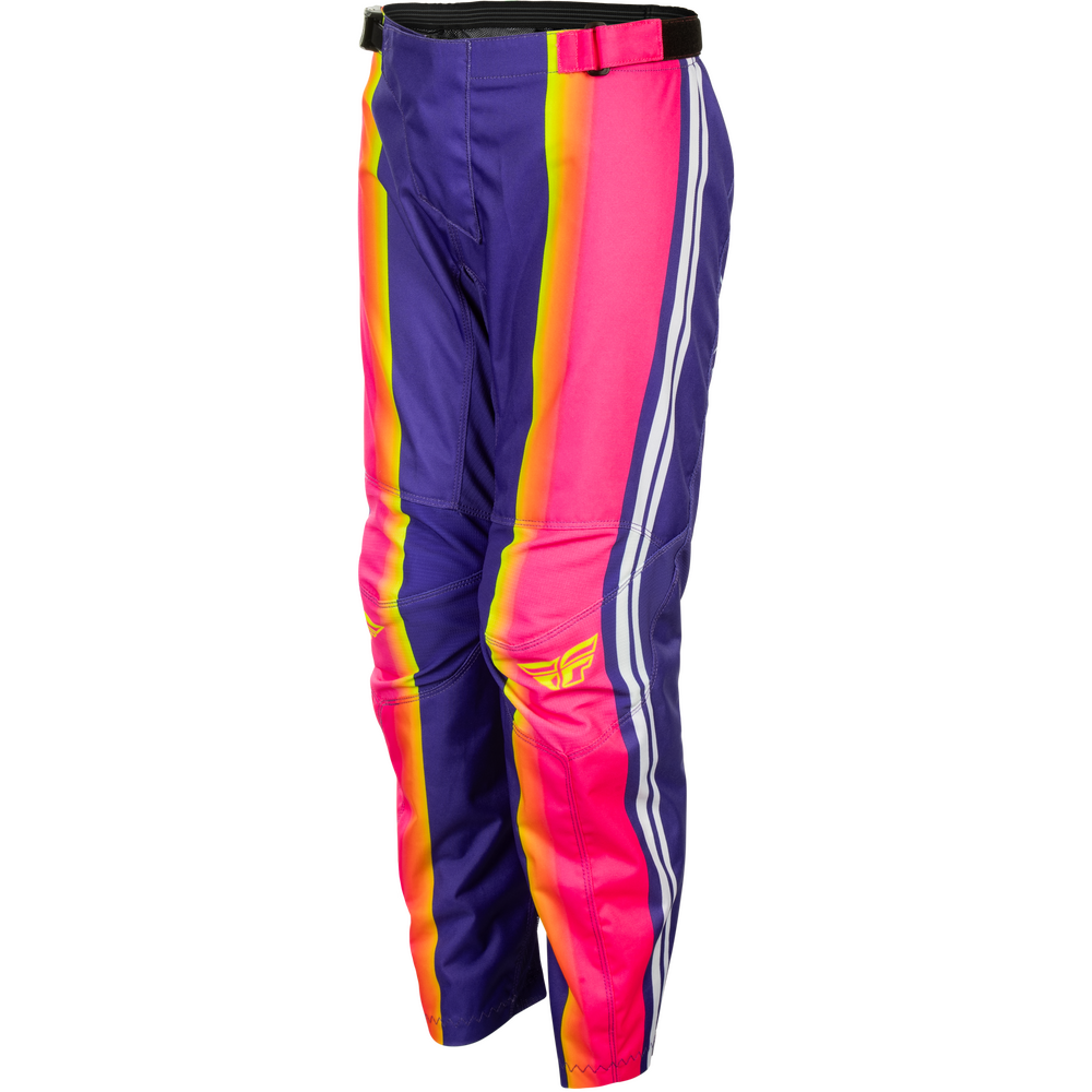 Colorful motocross pants with vertical stripes of purple, hot pink, orange, and yellow, featuring white side stripes and a black waistband, shown on a plain white background.