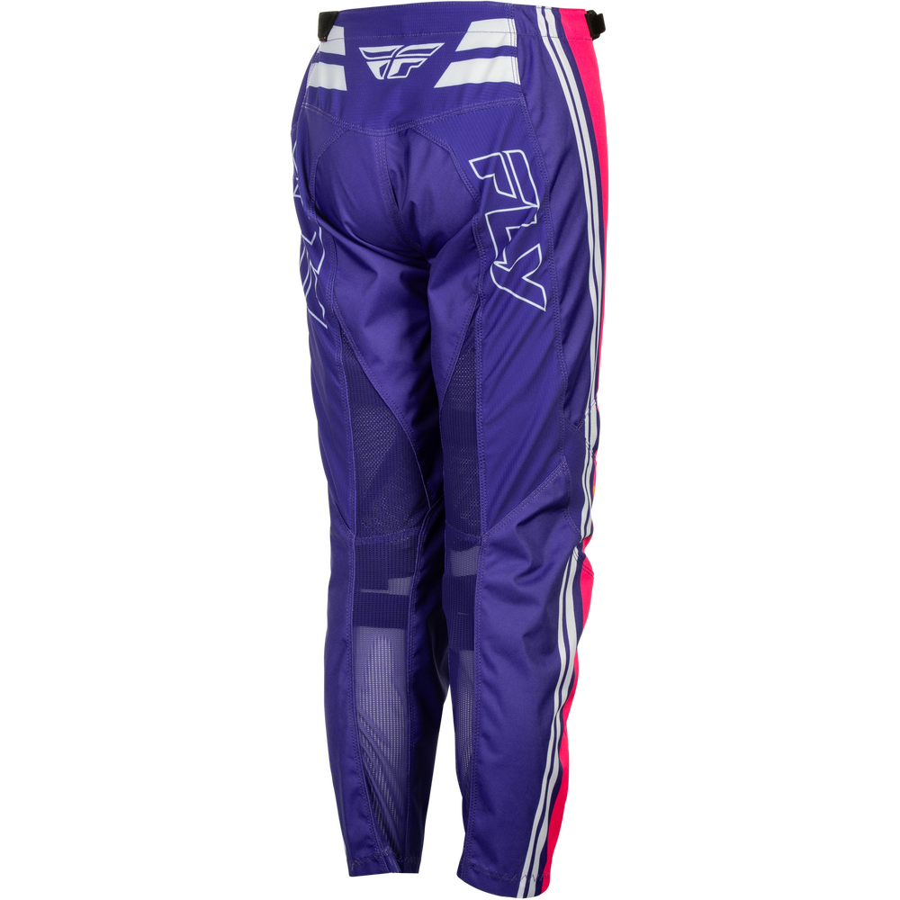 Purple Fly Racing motocross pants with white and red side stripes, featuring the white Fly logo on the left thigh and a white logo on the back waistband, shown against a plain white background.