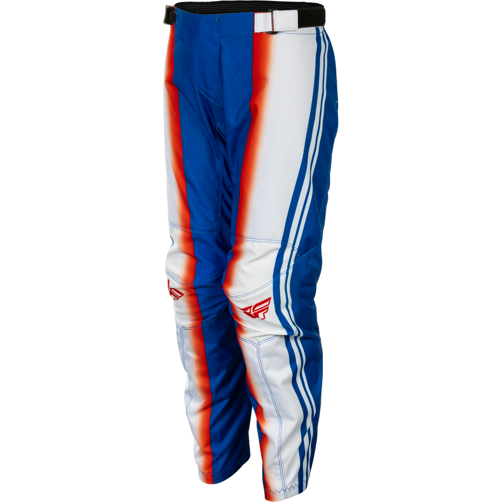 Blue and white motocross pants with red and blue flame-like graphic stripes and red logo details, shown on a white background.