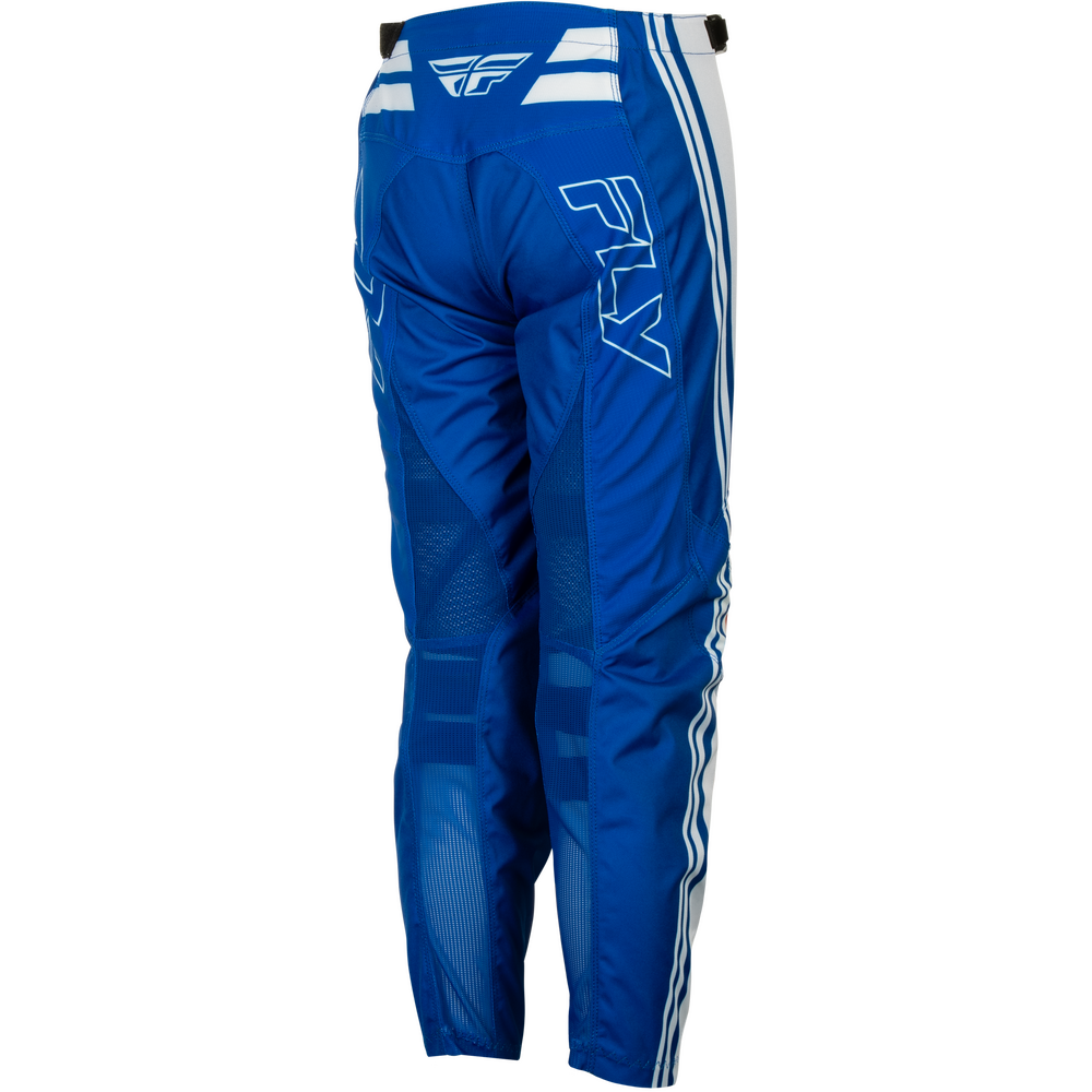 Blue Fly Racing motocross pants with white side stripes and a white vertical logo on the leg, shown from the back on a white background.