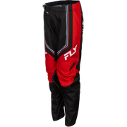 Black and red motocross pants with white and silver stripe details and a prominent white 'FLY' logo on the side, shown against a plain white background.