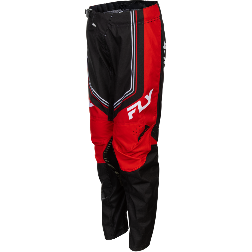 Black and red motocross pants with white and silver stripe details and a prominent white 'FLY' logo on the side, shown against a plain white background.
