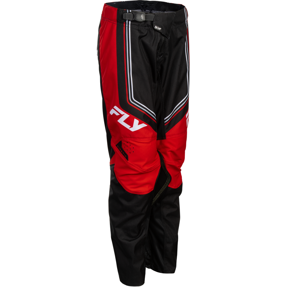 Red and black Fly Racing motocross pants with white and silver stripe accents and a large white 'FLY' logo on the left leg, shown against a plain white background.