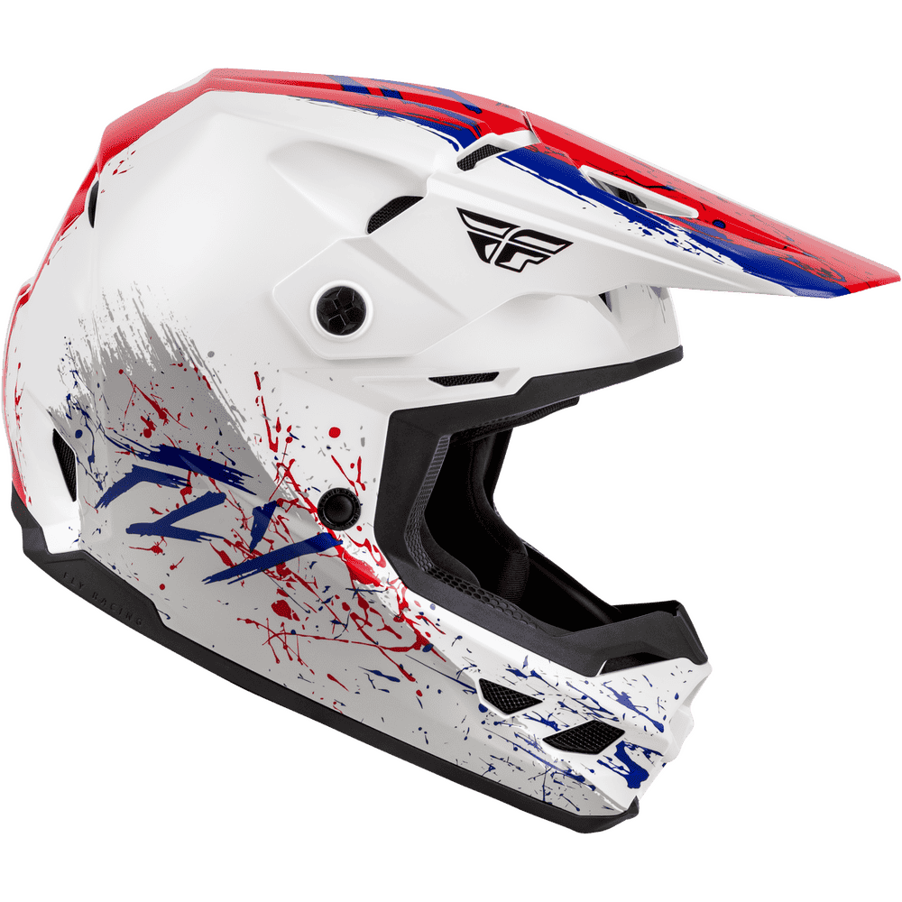 A white full-face motocross helmet with red and blue paint splatter graphics and a black Fly Racing logo on the forehead, shown against a plain white background.