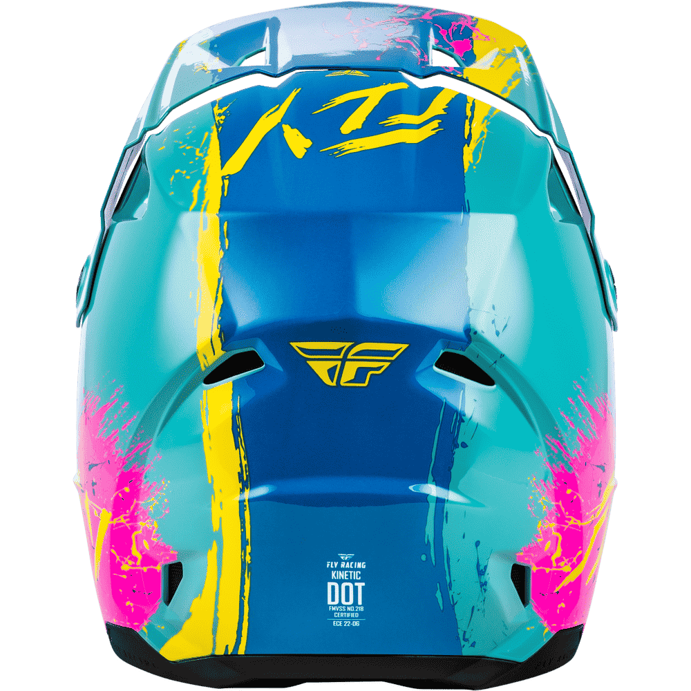 Rear view of a Fly Racing DOT full-face mountain bike helmet featuring a vibrant blue, teal, yellow, and pink paint-splatter graphic design.