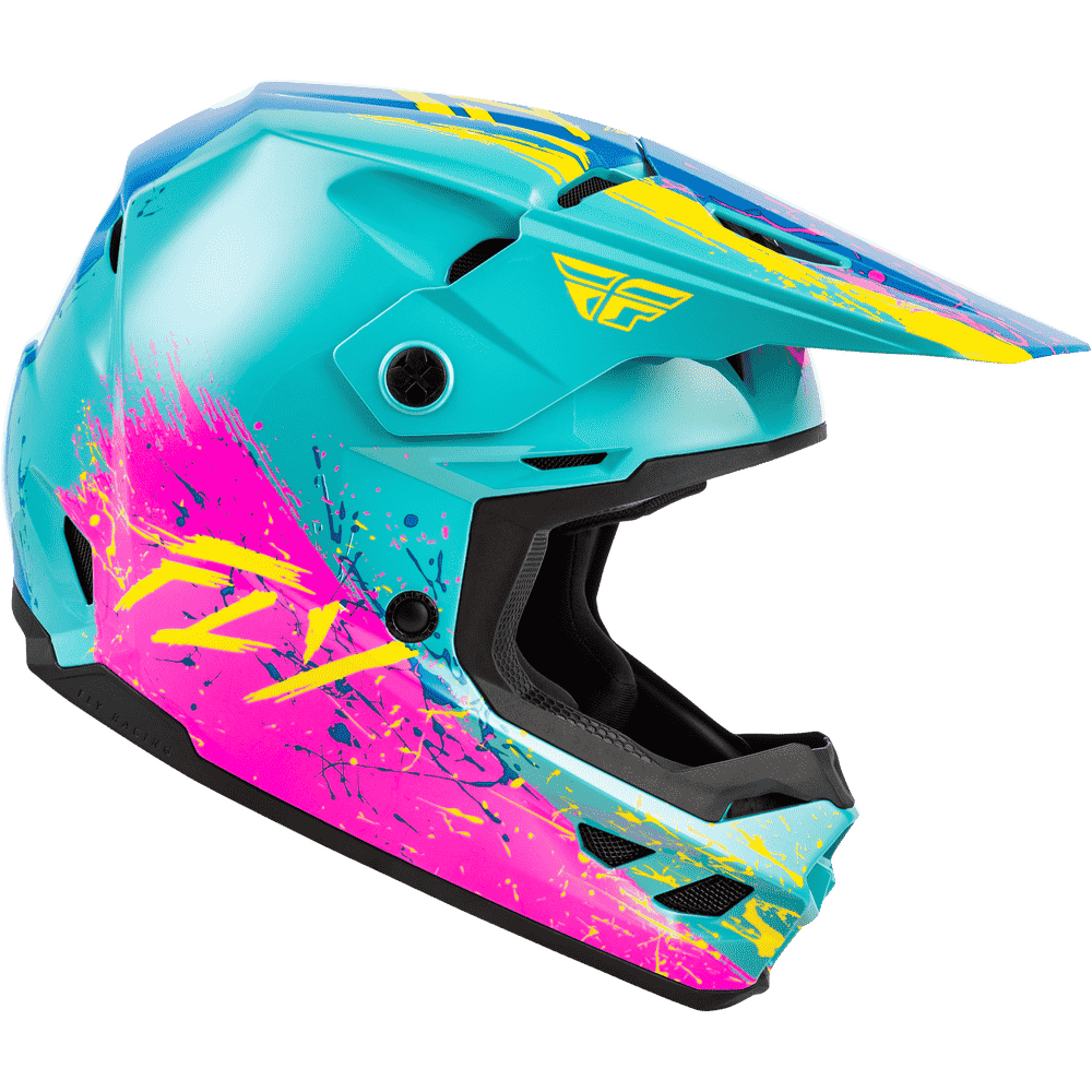 A motocross helmet in a vibrant turquoise blue color, decorated with bright pink paint splatters, yellow graphic accents, and a matching turquoise visor, shown against a plain white background.