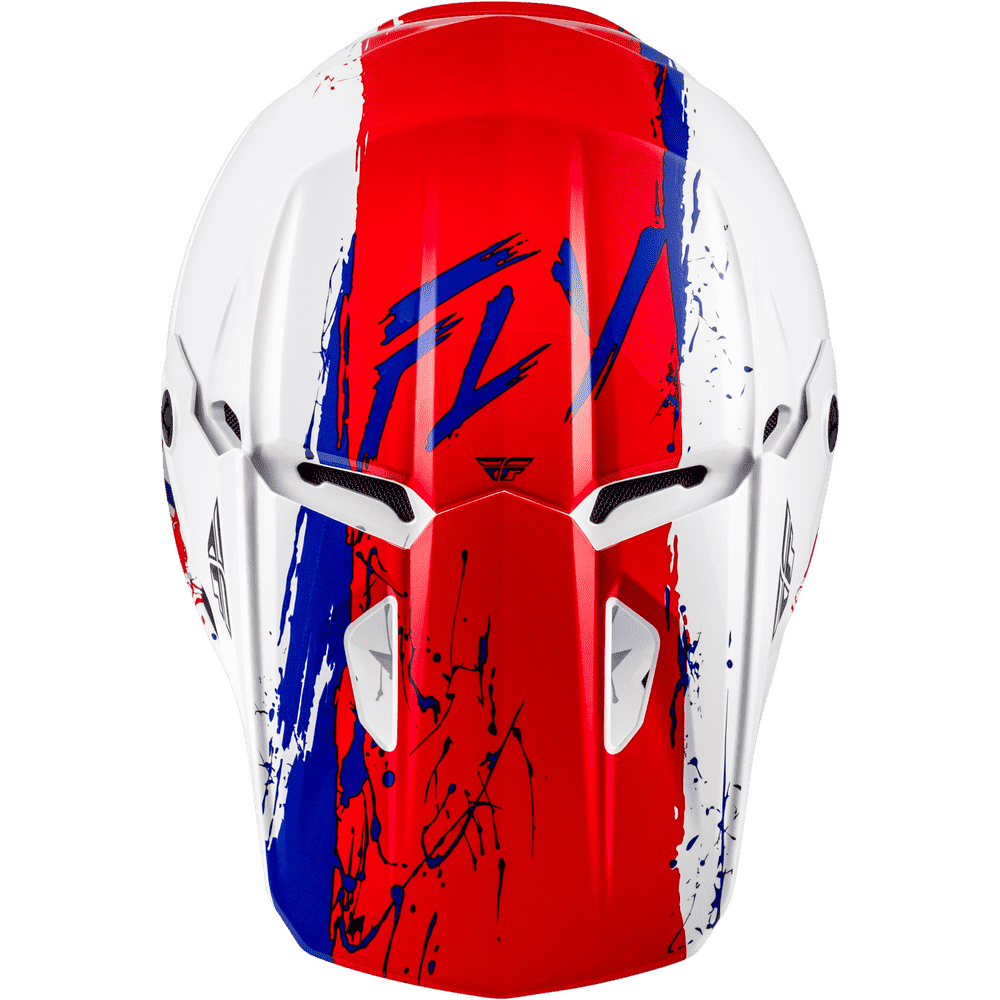 A top view of a  motocross helmet featuring a bold red, white, and blue paint scheme with black brushstroke details and the stylized 'FLY' brand logo on the forehead.