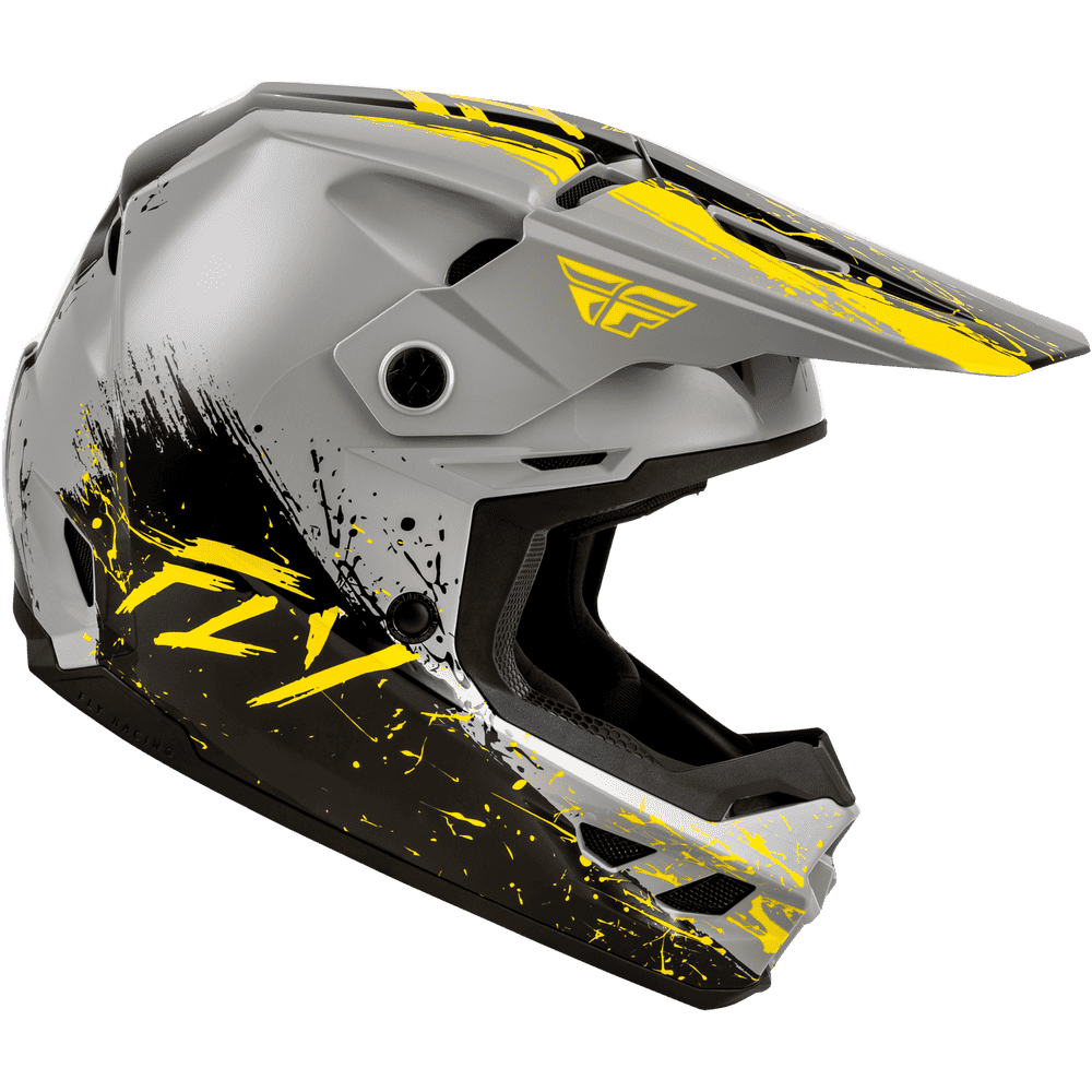 A full-face motocross helmet in matte gray with bold yellow and black paint splatter graphics, featuring the Fly Racing logo on the visor and side.