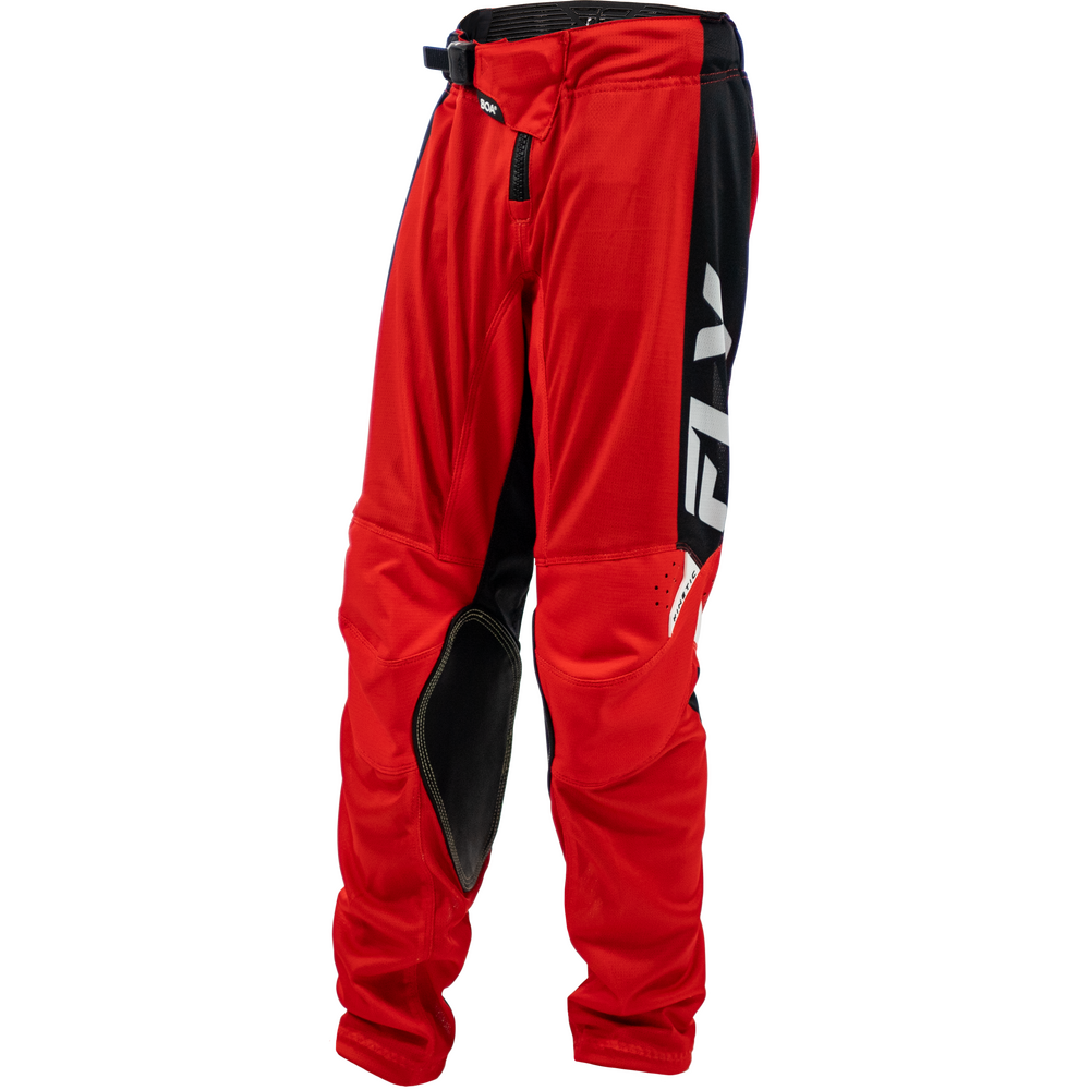 Red and black motocross pants with a large white FXR logo on the side, shown on a clean white background.